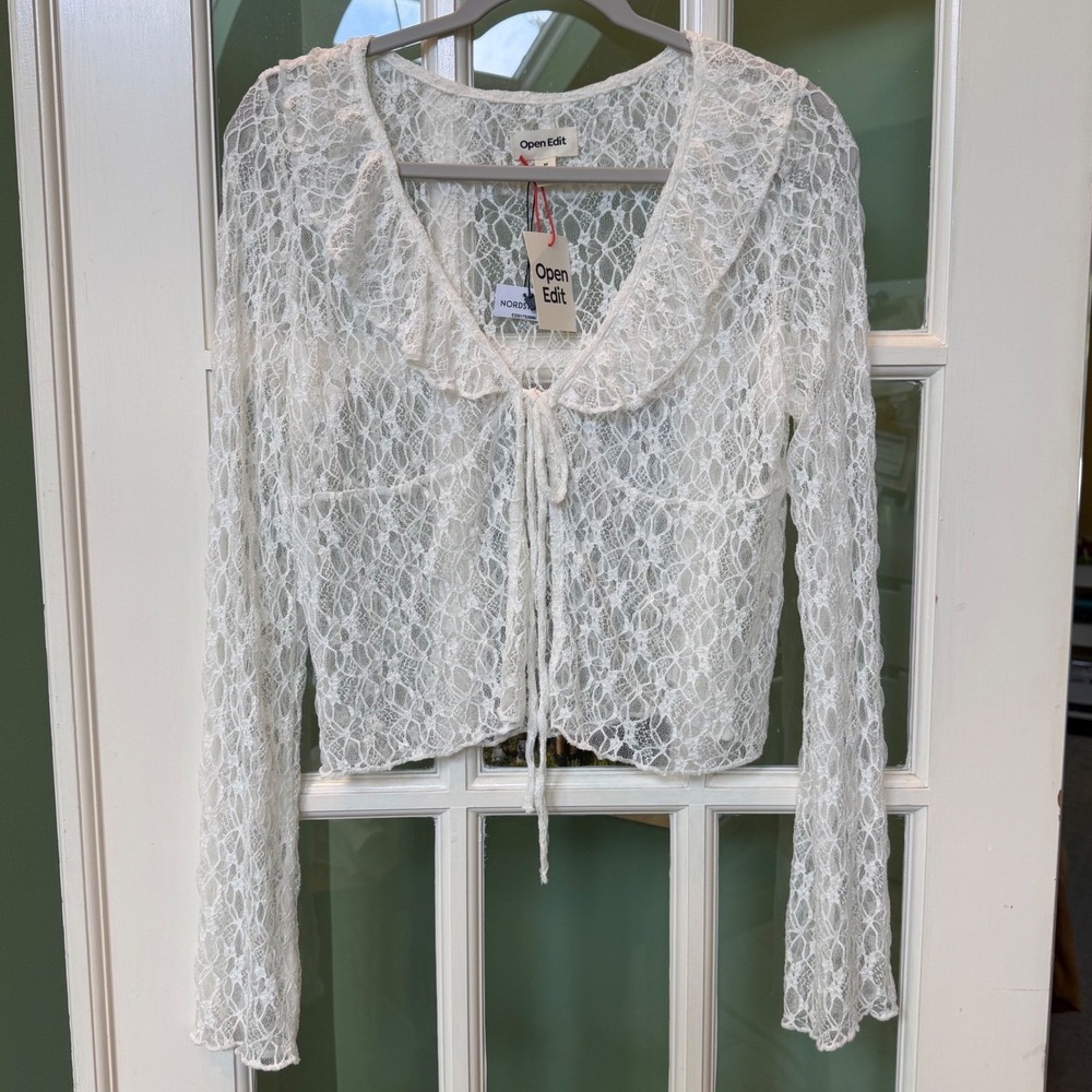 Ivory Sheer Floral Lace Ruffle Tie Front Top Cardigan M NWT Ethereal Cotagecore